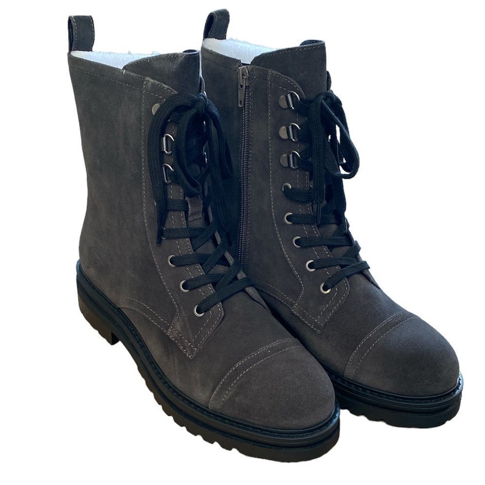 Andre Assous Farrah Grey Suede Lace-Up Boots | Combat-Inspired | Women’s 10